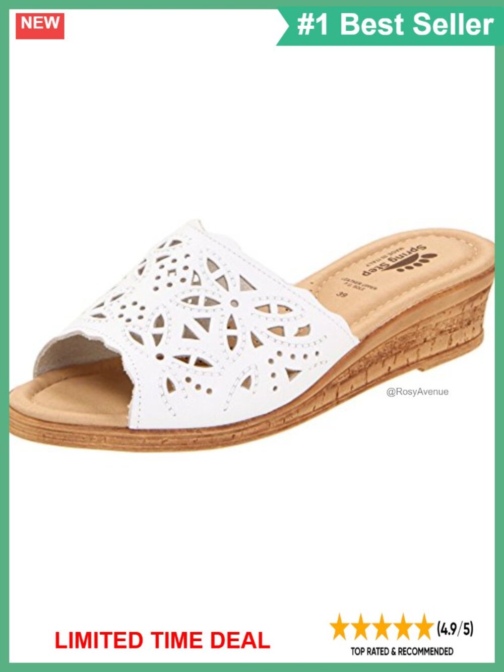 Italian Leather Laser-Cut Slide Wedge Sandal Peep Toe Padded Insole